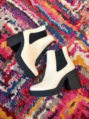 White Platform Chelsea Booties with Black Elastic Panels